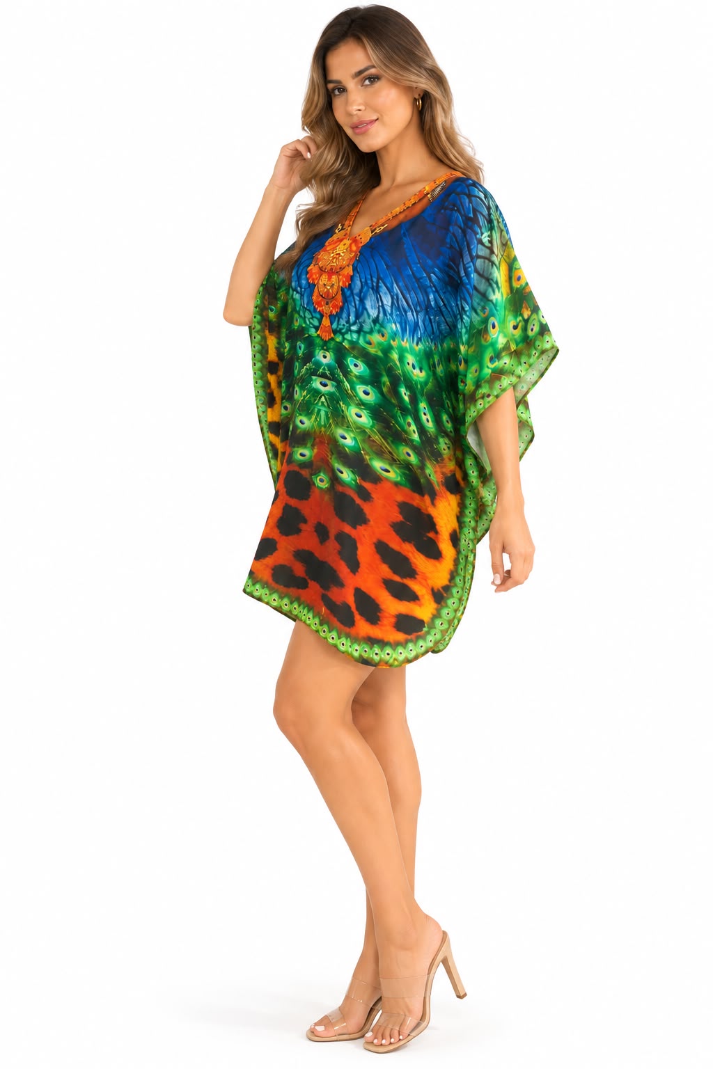 Vestido Corto de Dama con Estampado Digital y Piedras Brillantes
