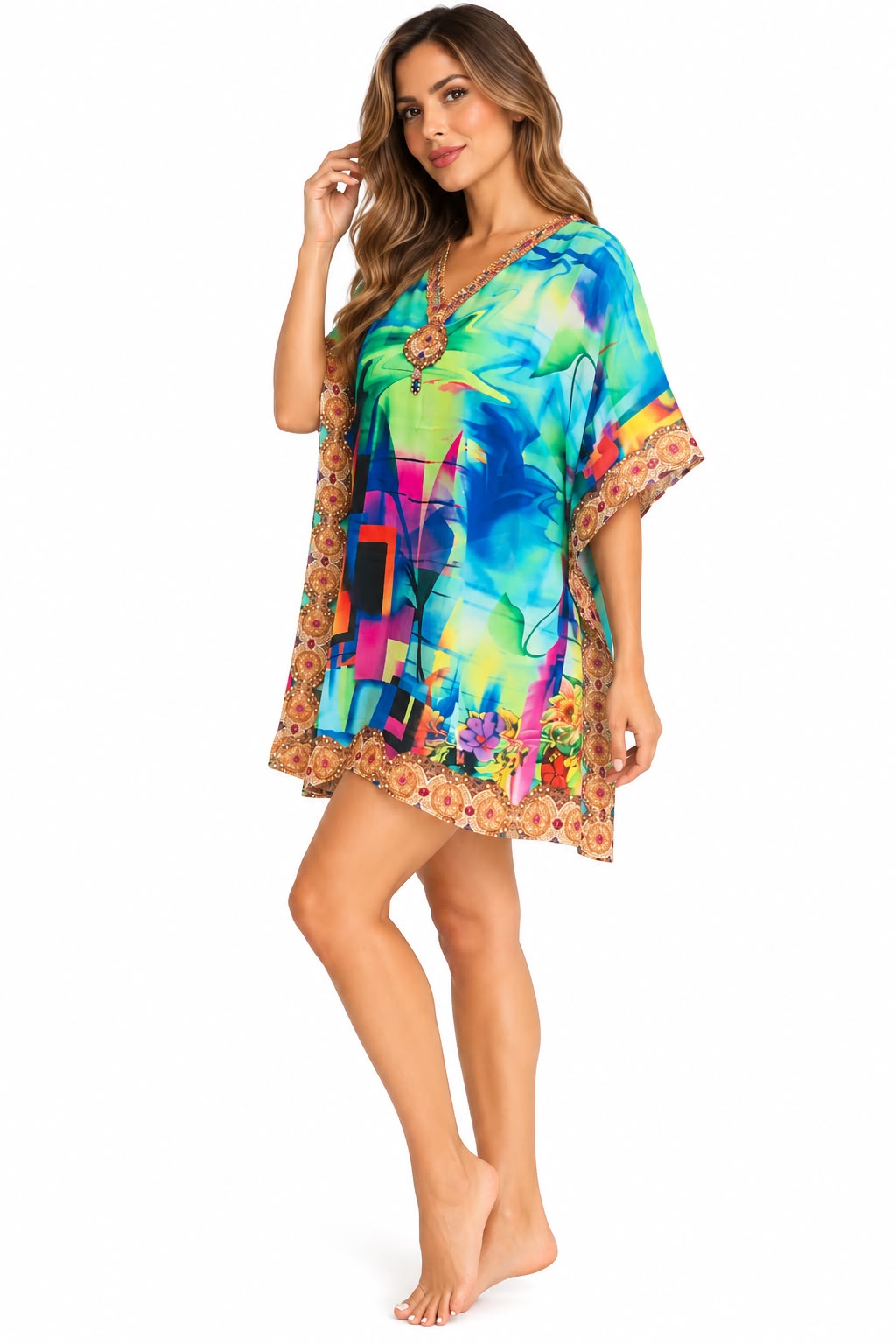 Vestido Corto de Dama con Estampado Digital y Piedras Brillantes