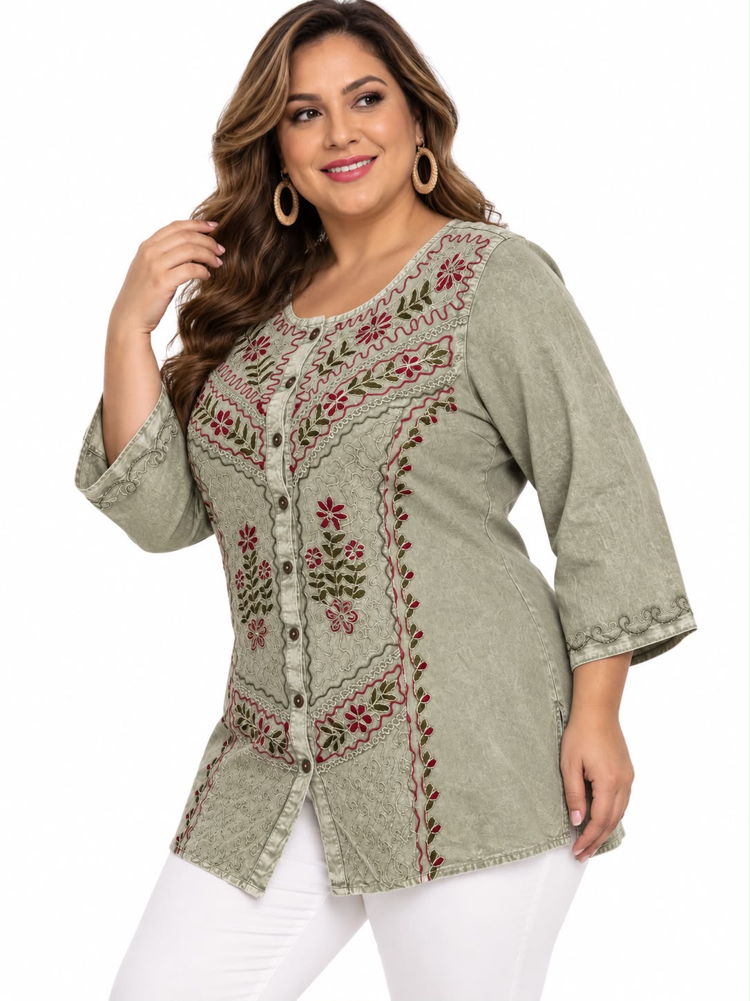Blusa Verde Oliva Floral  (plus)