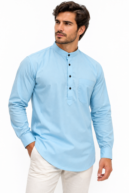 Camisa Azul Cielo Hombre Mangas Largas Cuello Chino