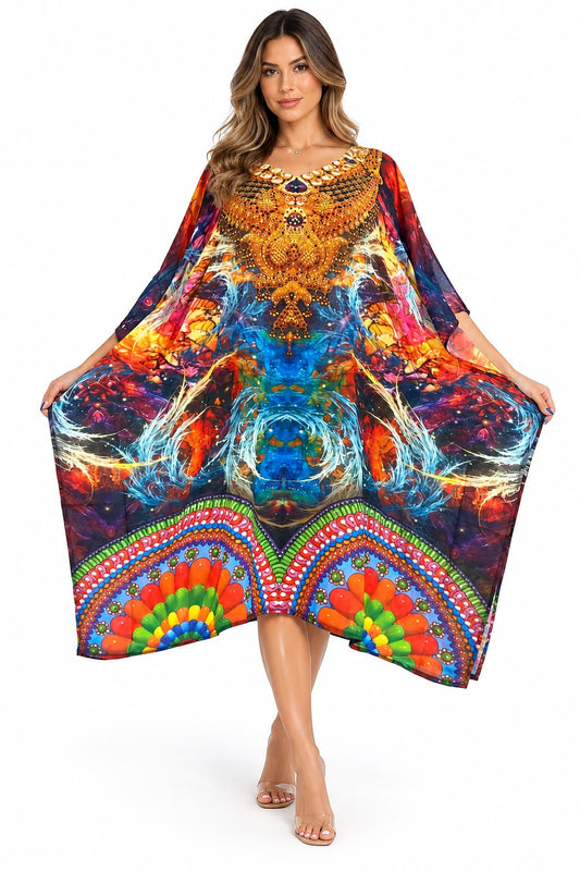 Vestido de Dama con Estampado Digital y Piedras Brillantes