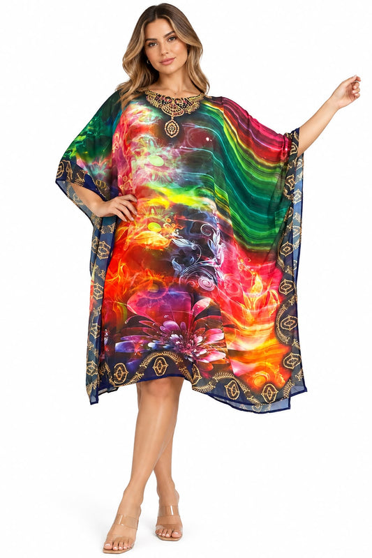 Vestido de Dama con Estampado Digital y Piedras Brillantes