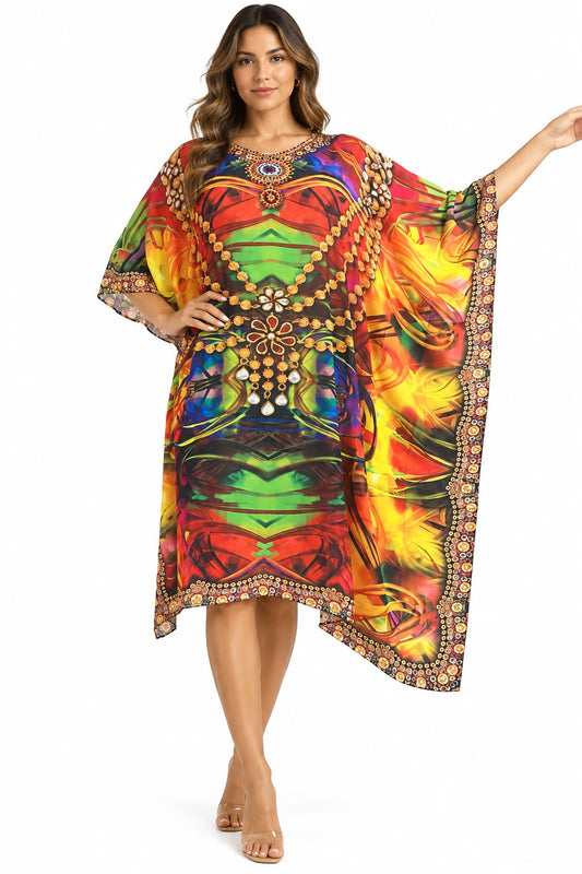 Vestido de Dama con Estampado Digital y Piedras Brillantes