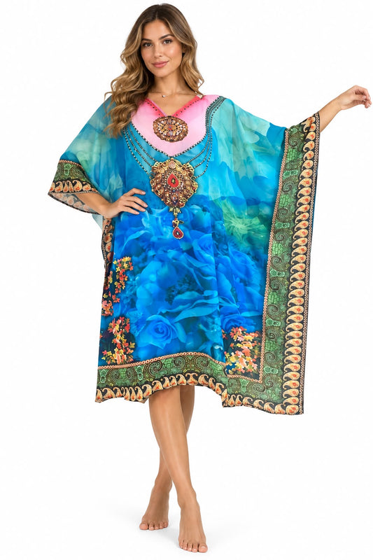 Vestido de Dama con Estampado Digital y Piedras Brillantes