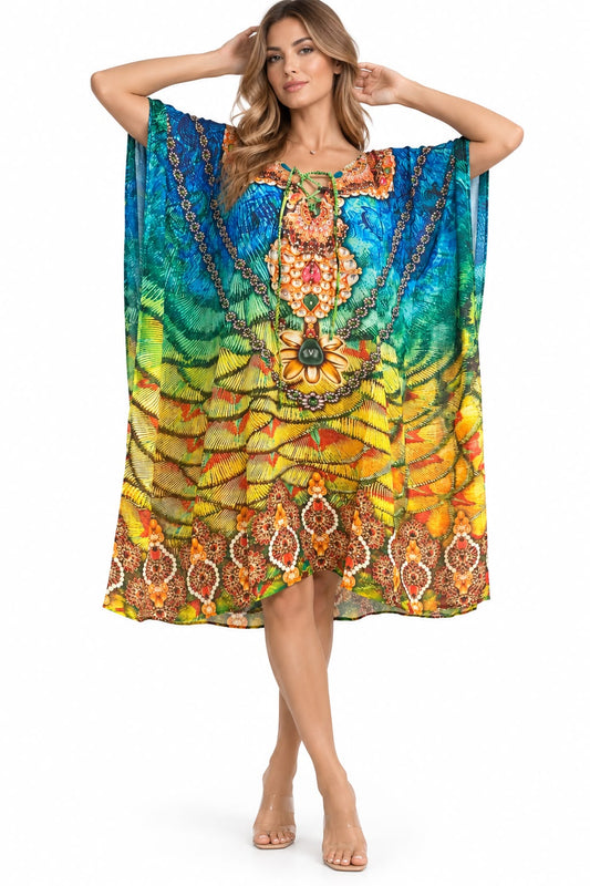 Vestido de Dama con Estampado Digital y Piedras Brillantes