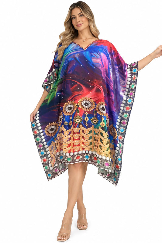 Vestido de Dama con Estampado Digital y Piedras Brillantes