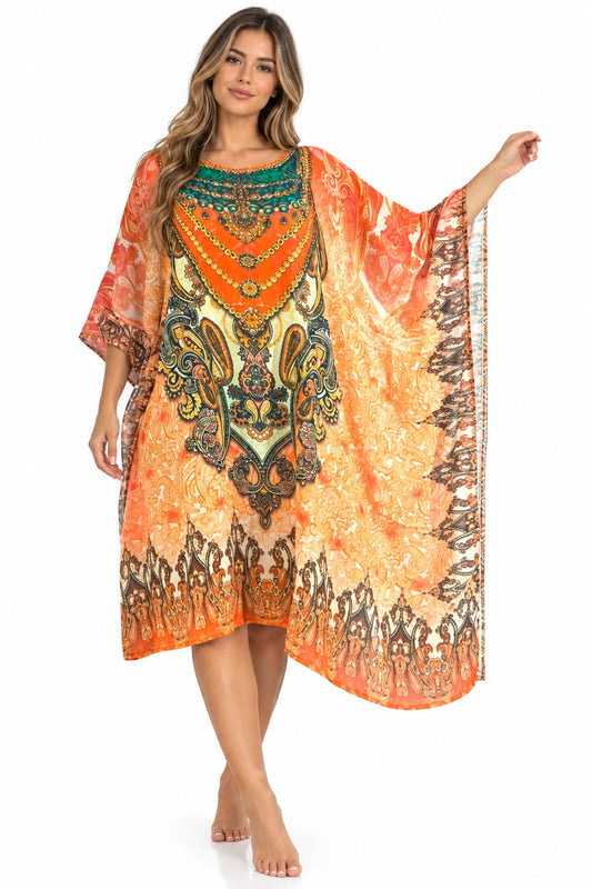 Vestido de Dama con Estampado Digital y Piedras Brillantes