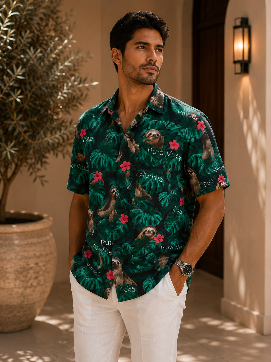 Camisa Hawaiana Playera Caribeña de Caballero Estampado Oso Fondo Negro Pura Vida