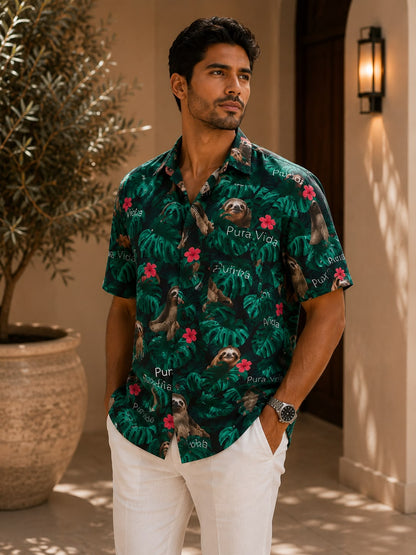 Camisa Hawaiana Playera Caribeña de Caballero Estampado Oso Fondo Negro Pura Vida