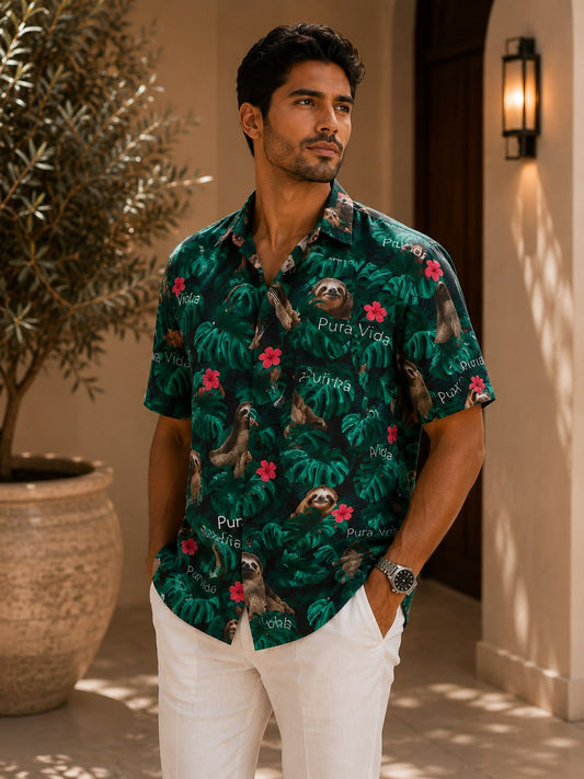 Camisa Hawaiana Playera Caribeña de Caballero Estampado Oso Fondo Negro Pura Vida
