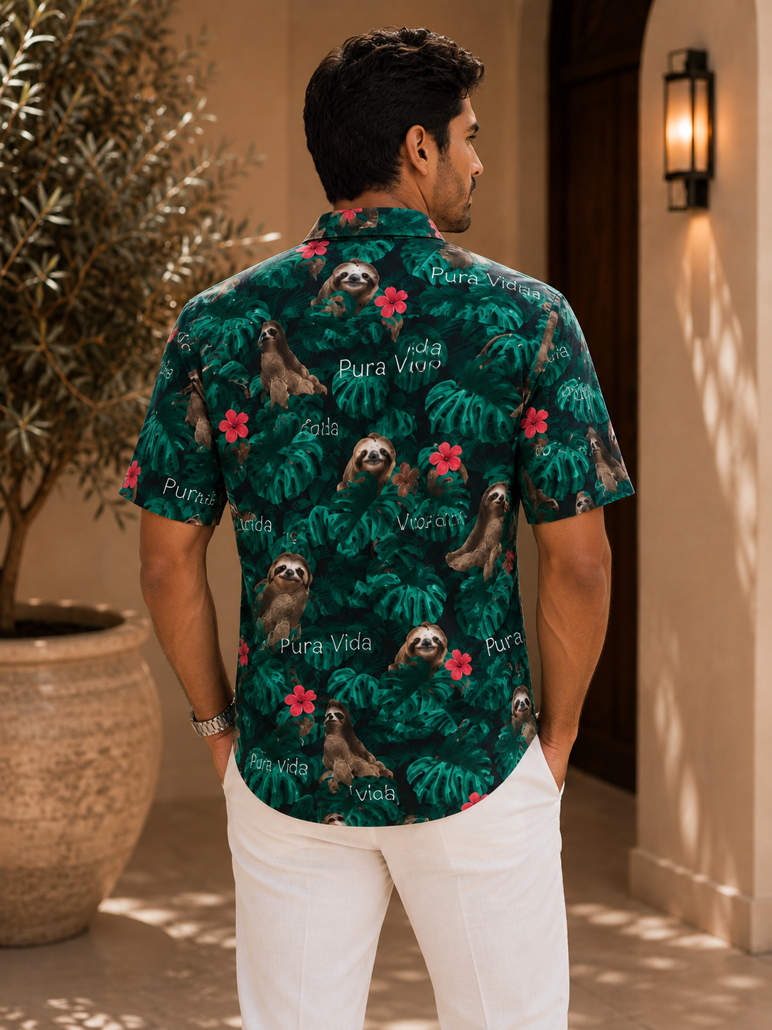 Camisa Hawaiana Playera Caribeña de Caballero Estampado Oso Fondo Negro Pura Vida