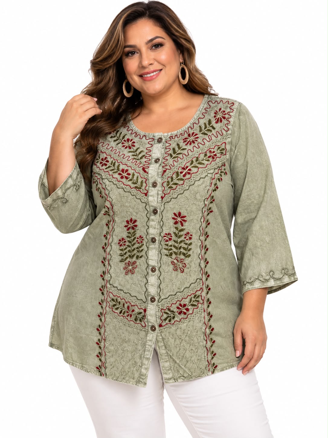 Blusa Verde Oliva Floral  (plus)