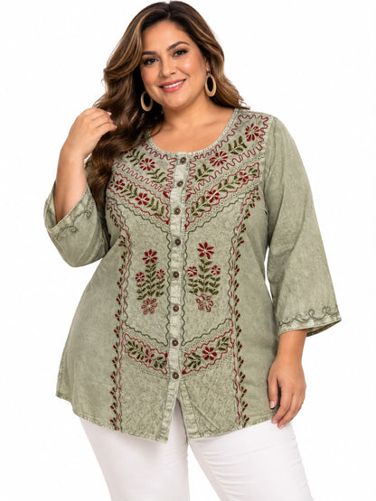 Blusa Verde Oliva Floral  (plus)