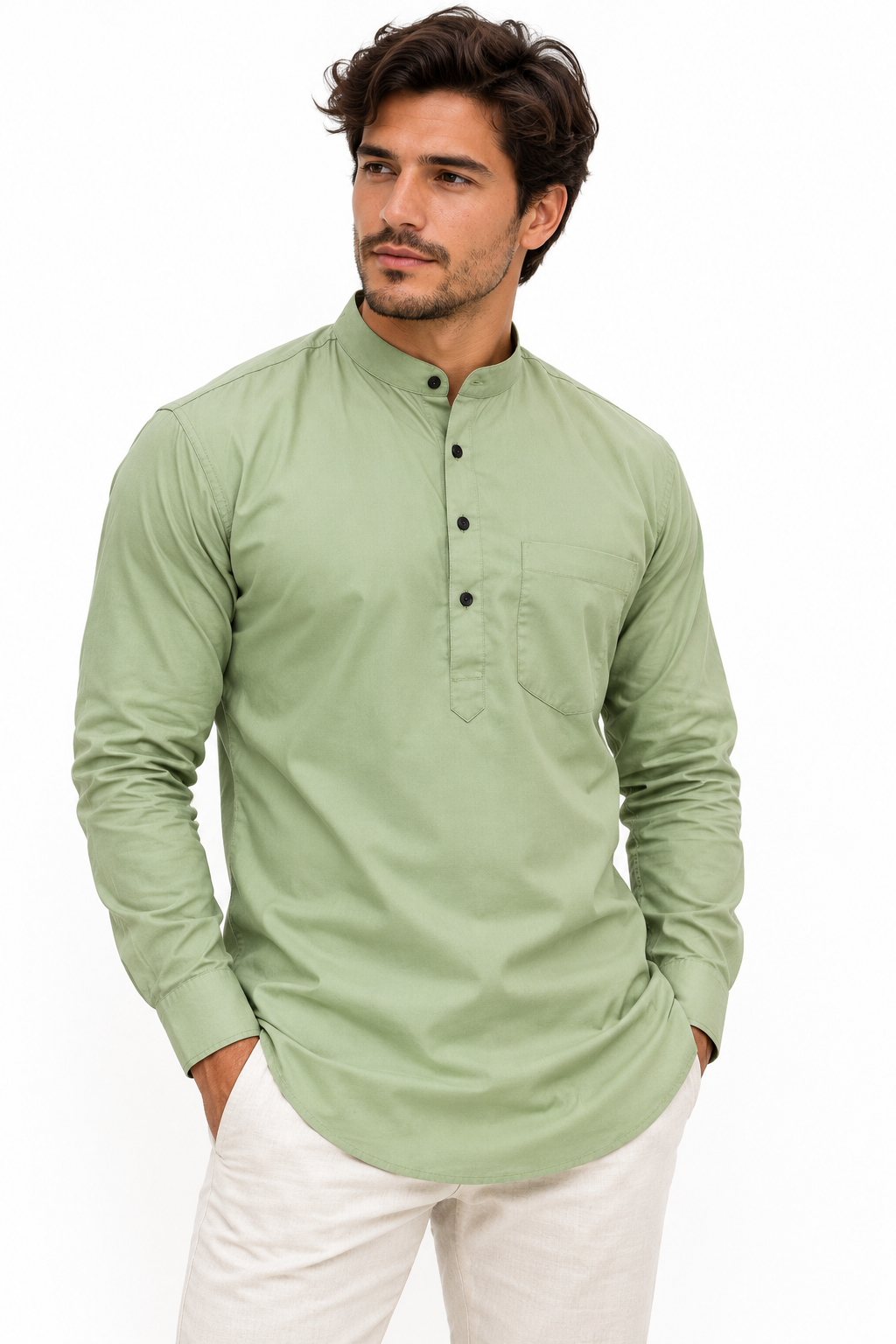 Camisa Verde Agua Hombre Mangas Largas Cuello Chino