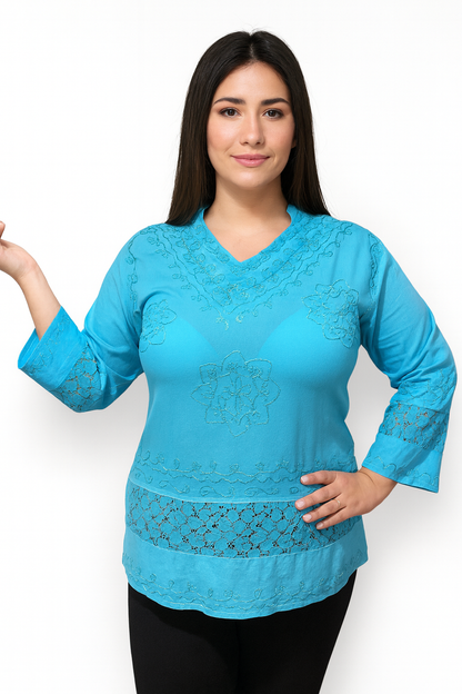 Blusa de Dama Azul Turquesa con Bordado Unitalla (M)