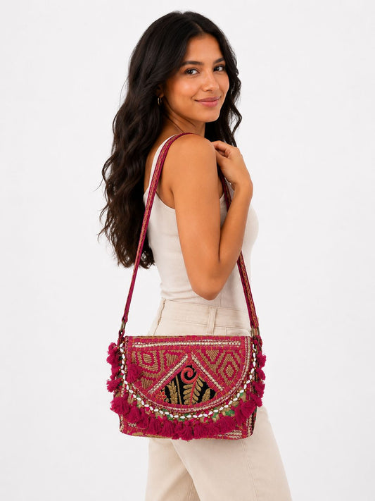 Bolso Boho Bordado Fucsia