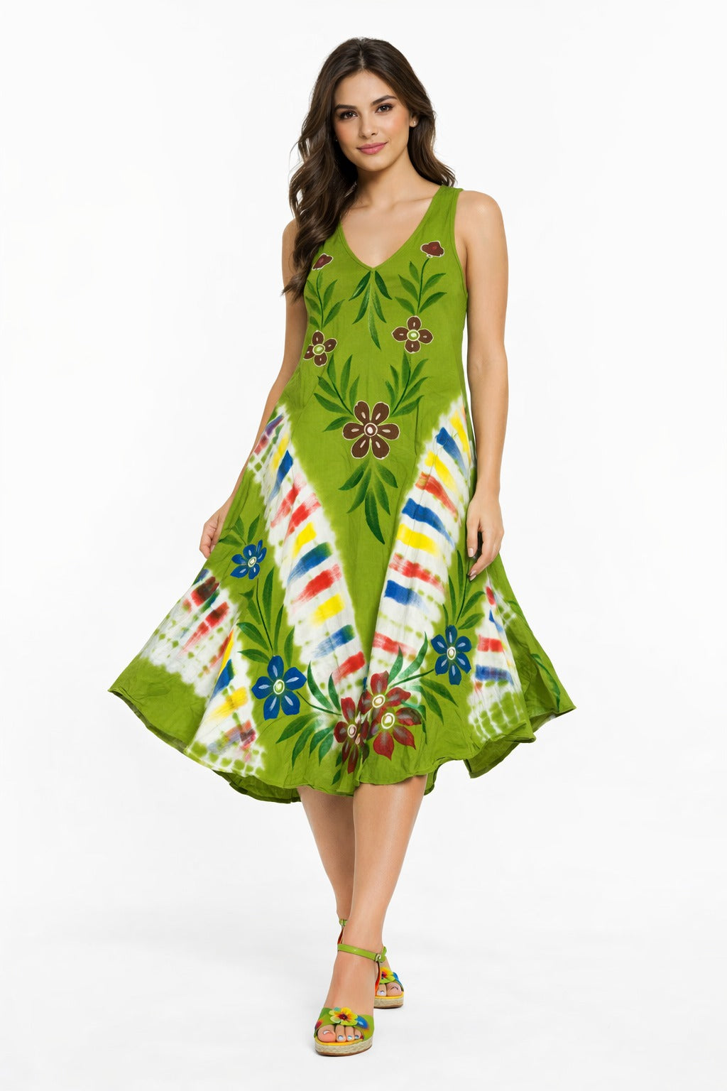 Vibrant Ishani Green Floral Tie-Dye Dress