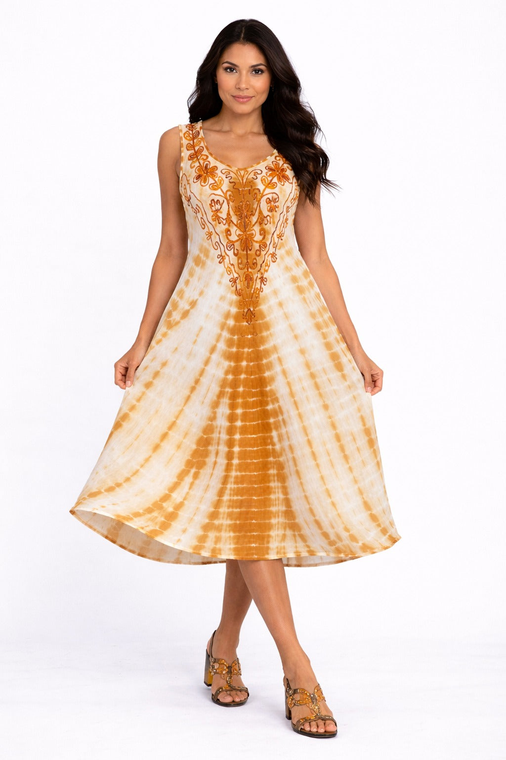 Veda Orange Tie-Dye Embroidered Top Dress