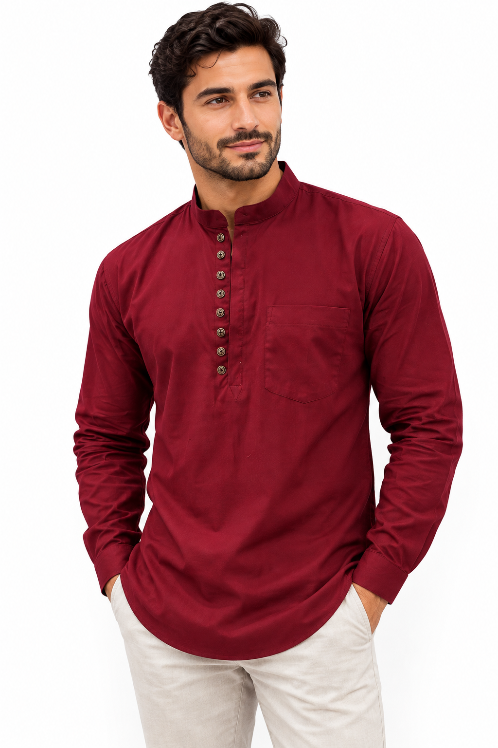 Camisa Vino Hombre Mangas Largas Cuello Chino