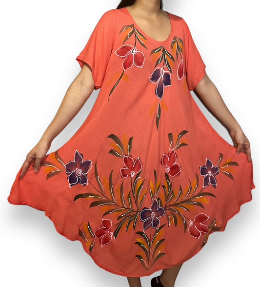 Vestido Naranja con Mangas de Estampado Floreado