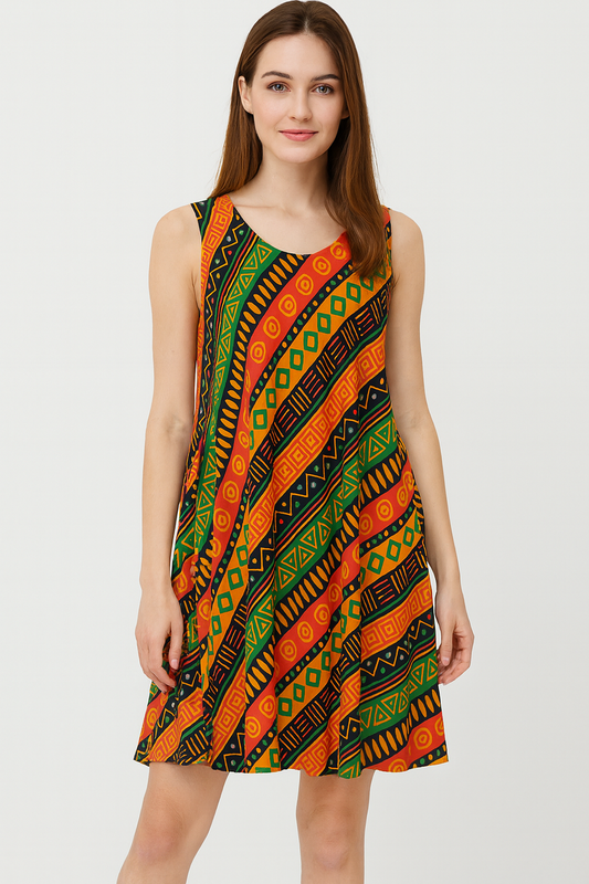Vestido de Dama Afrocaribeña Unitalla sin Mangas. Estampado Afrodescendiente