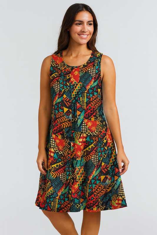 Vestido de Dama Afrocaribeña Unitalla sin Mangas. Estampado Afrodescendiente