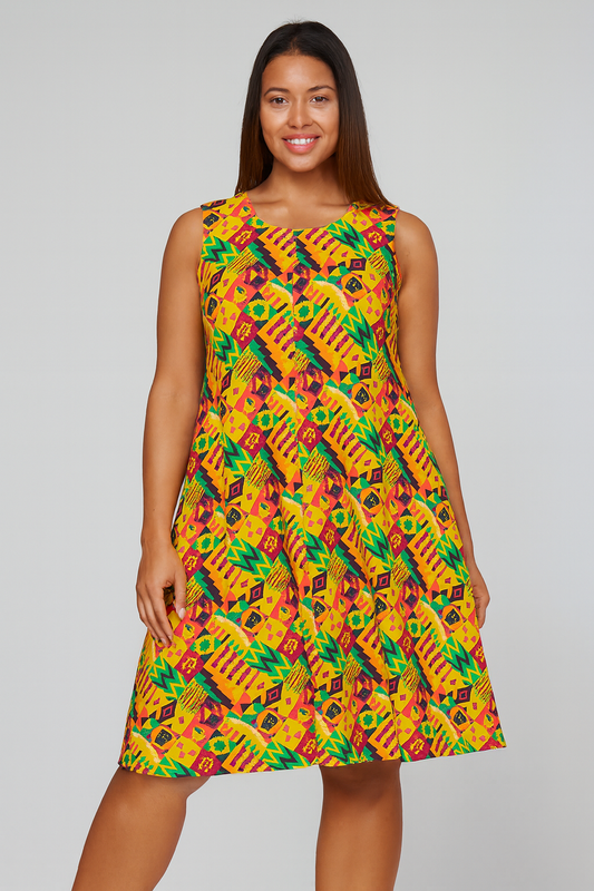 Vestido de Dama Afrocaribeña Unitalla sin Mangas. Estampado Afrodescendiente