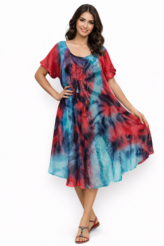 Vestido de Dama Azul y Rojo Veteado con mangas