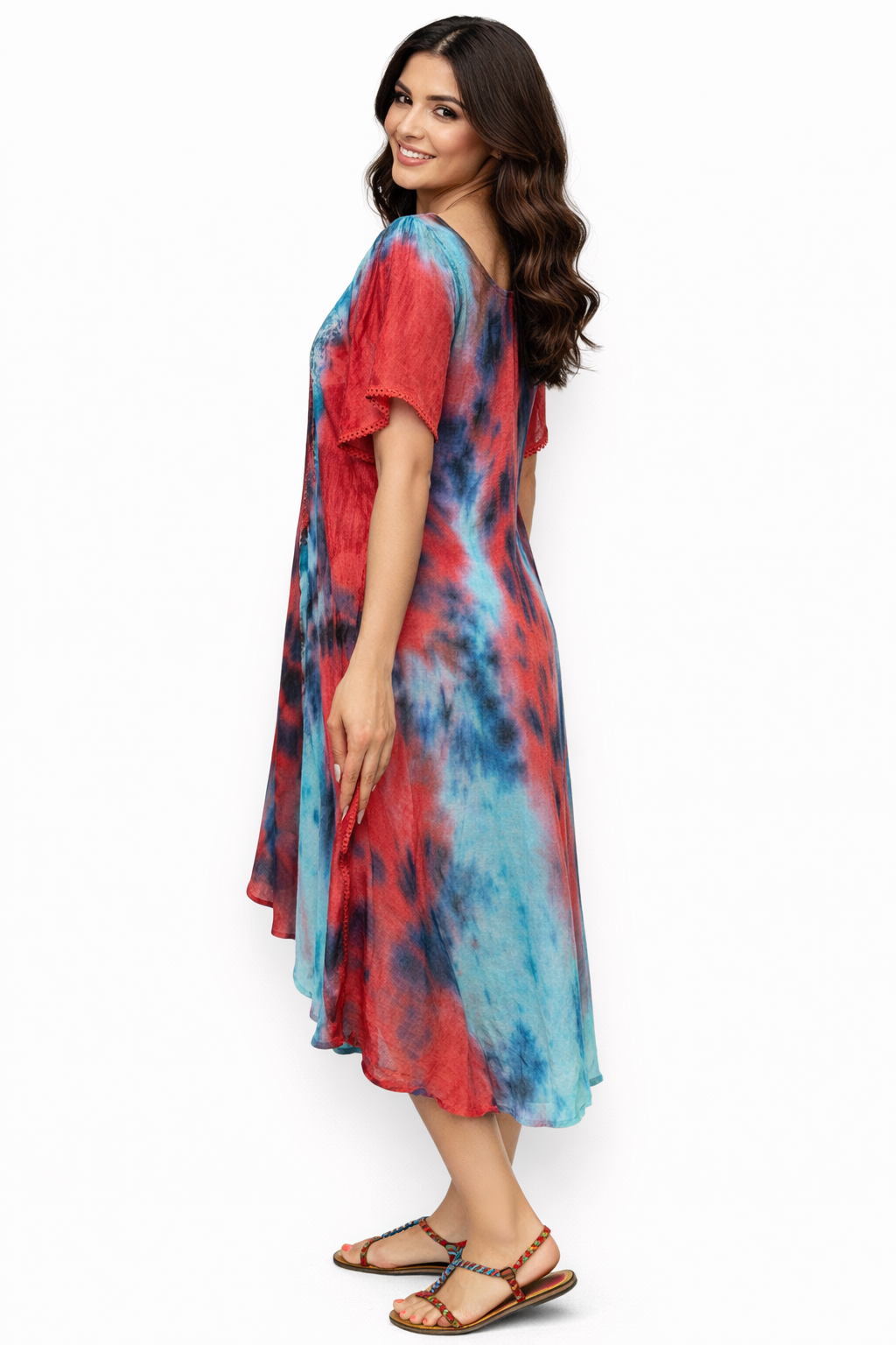 Vestido de Dama Azul y Rojo Veteado con mangas