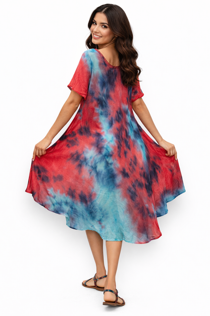 Vestido de Dama Azul y Rojo Veteado con mangas