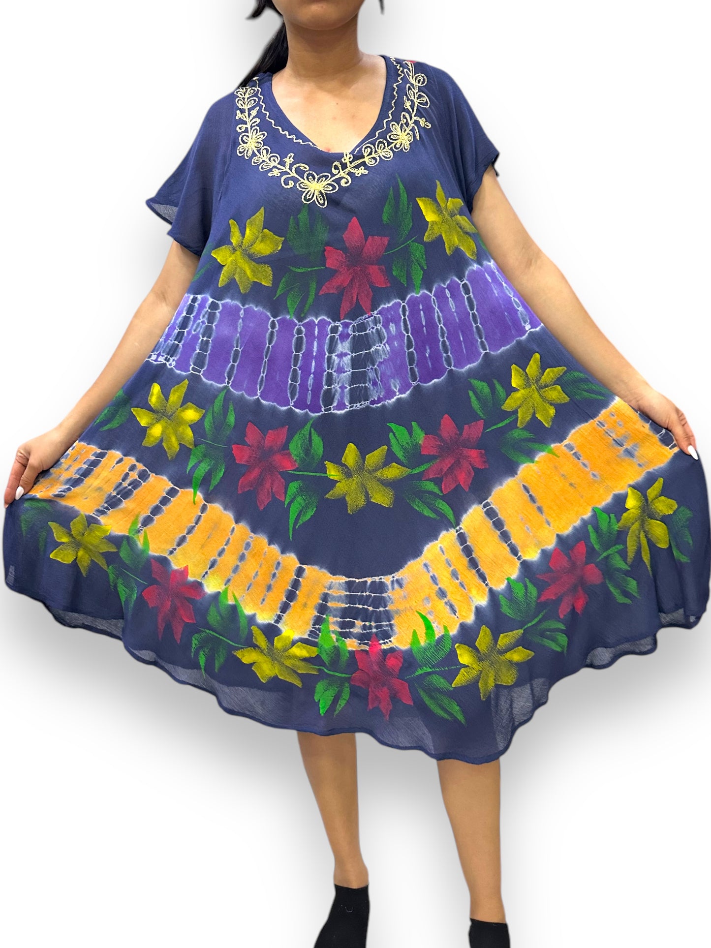 Vestido de Dama Azul Oscuro Floreado con mangas