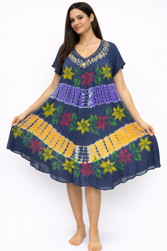 Vestido de Dama Azul Oscuro Floreado con mangas