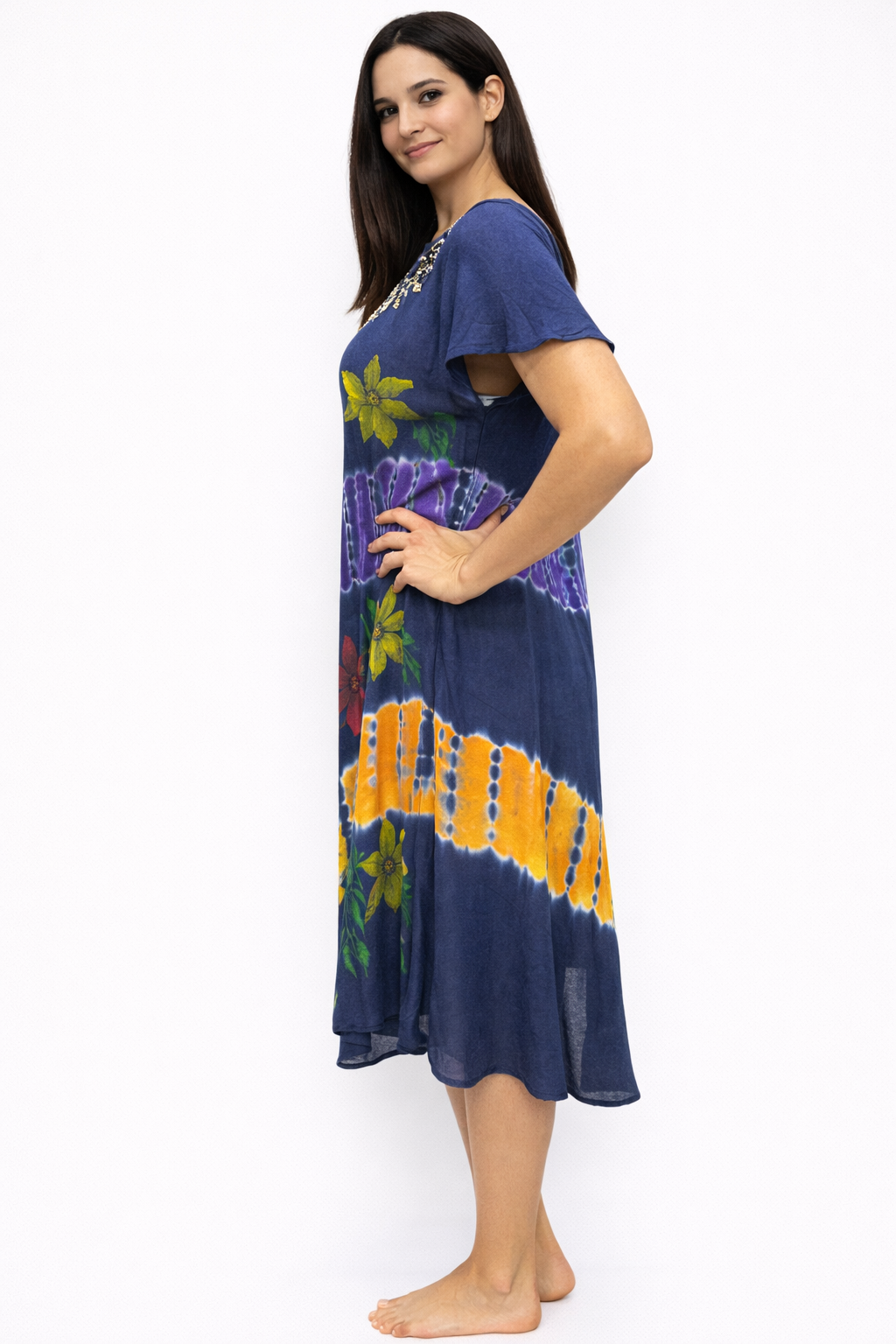 Vestido de Dama Azul Oscuro Floreado con mangas
