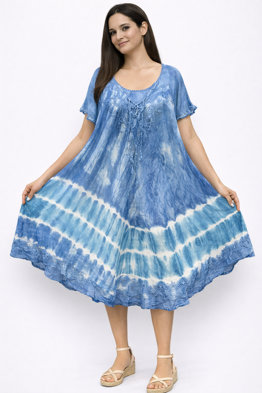 Vestido de Dama Estampado Azul Veteado con mangas