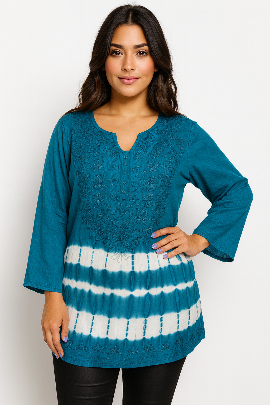 Blusa de Dama Azul Turquesa con blanco