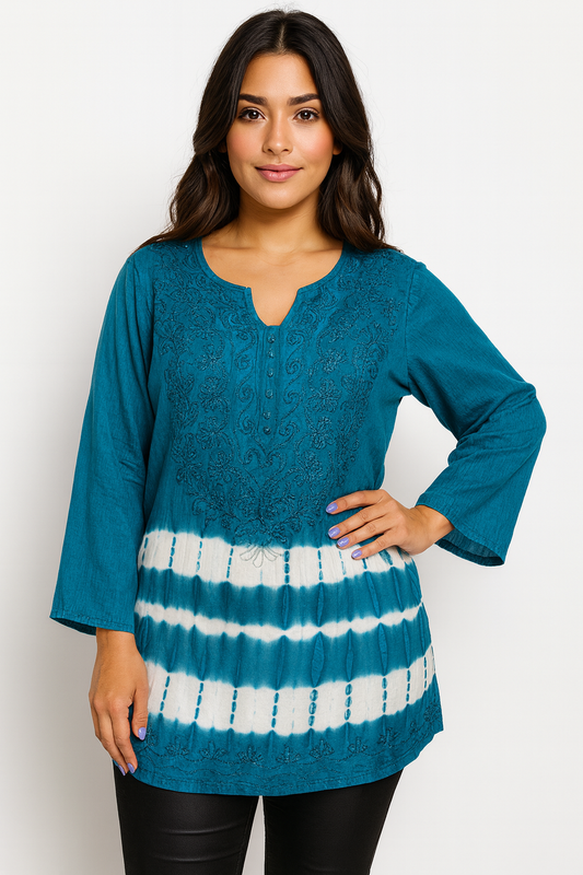 Blusa de Dama Azul Turquesa con blanco