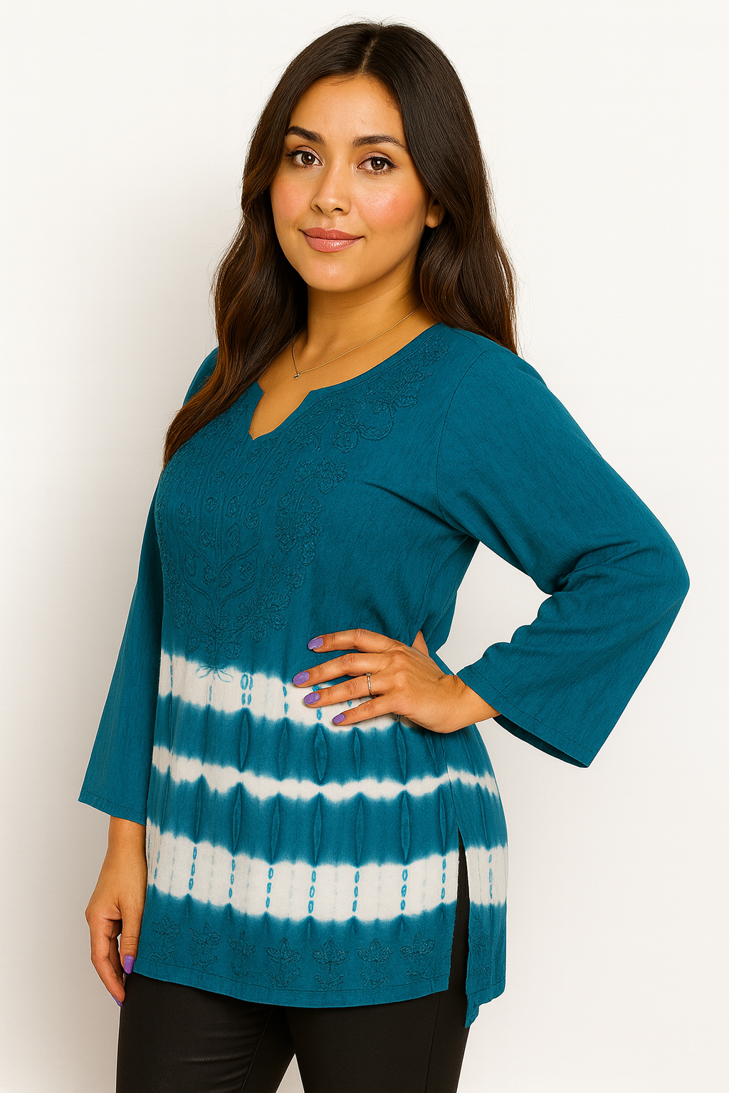 Blusa de Dama Azul Turquesa con blanco