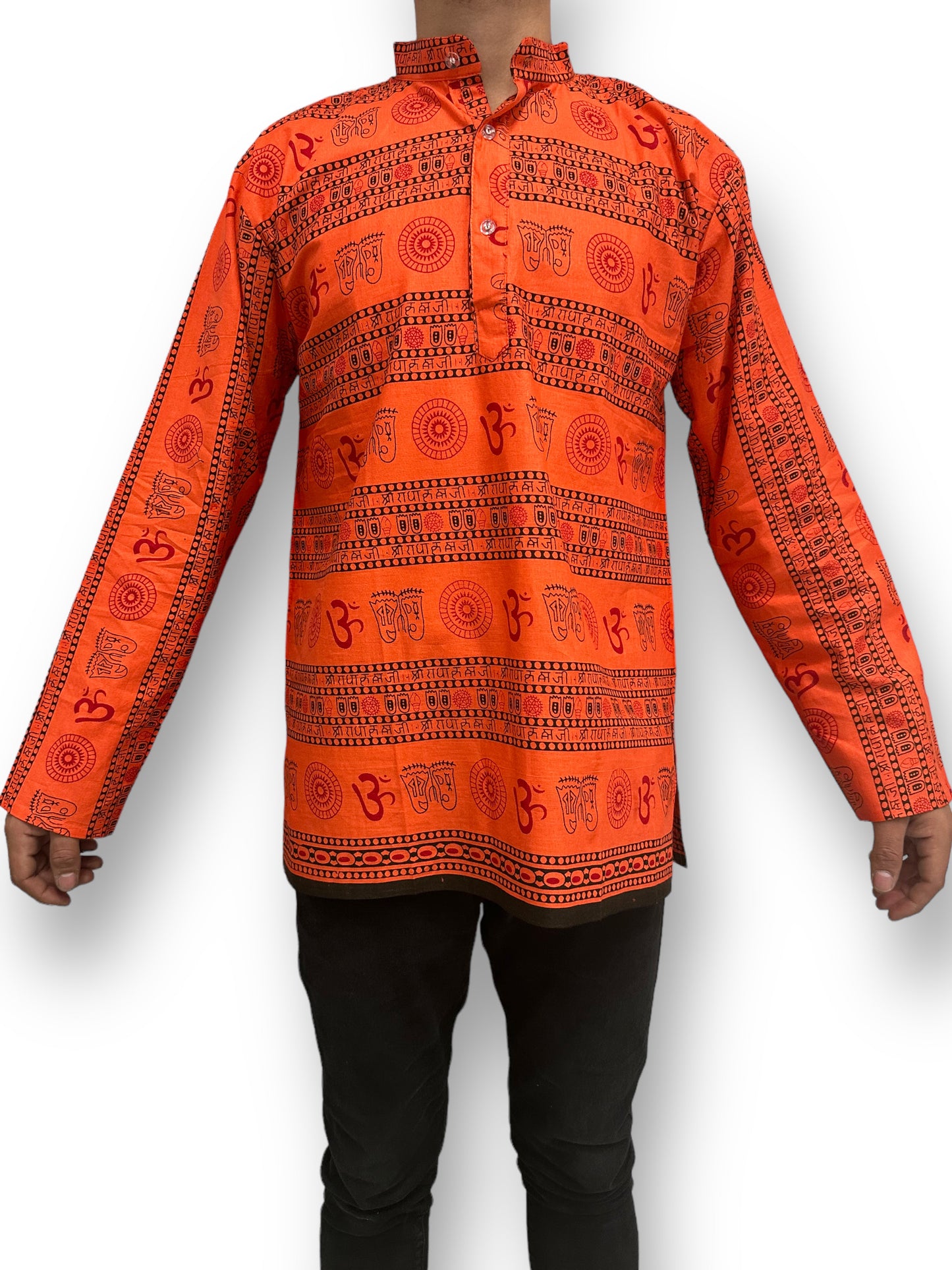 Camisa Kurta de Hombre Mangas Largas Estampado Om Naranja