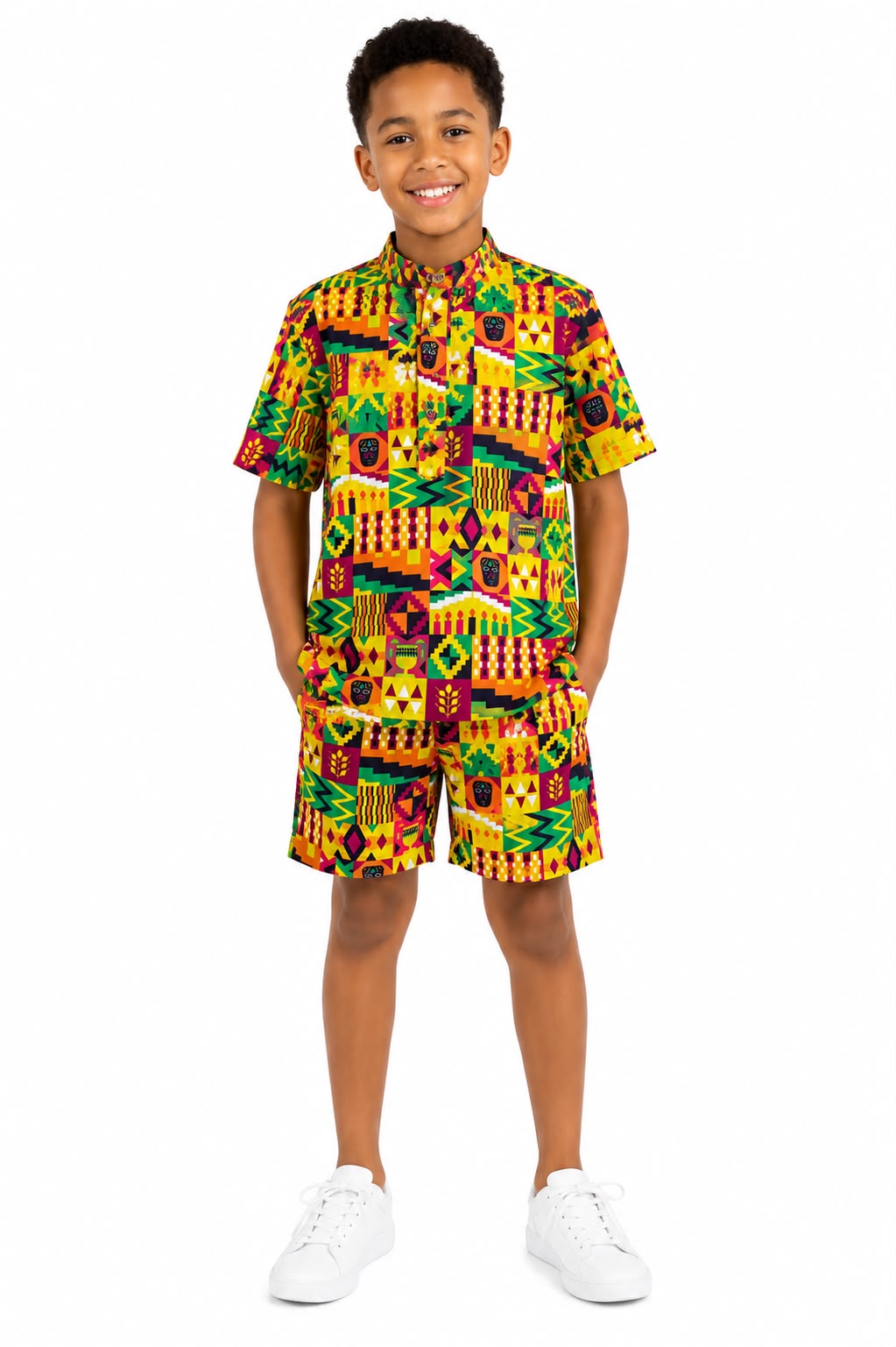 Afro-Caribbean Boys' Outfit - Shirt + Shorts + Kufi Combo. Heritage-inspired African-descendant Set.