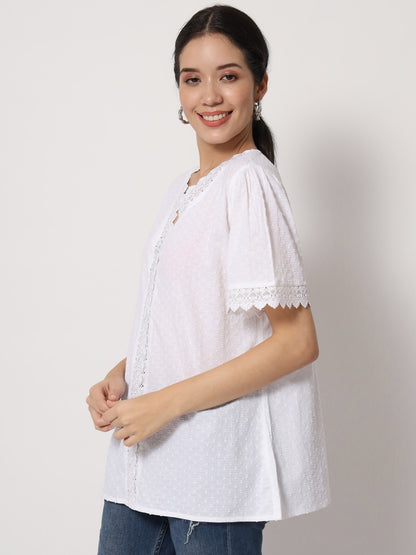 Blusa Blanca Unicolor de Dama Mangas Cortas CT019
