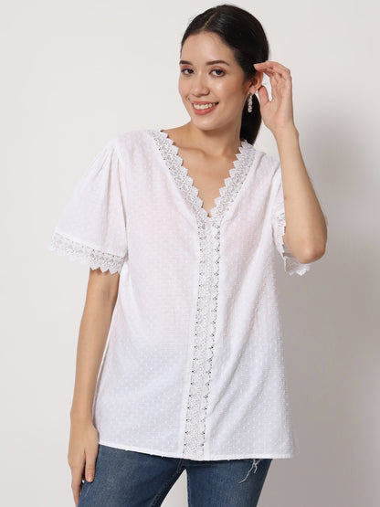 Blusa Blanca Unicolor de Dama Mangas Cortas CT019