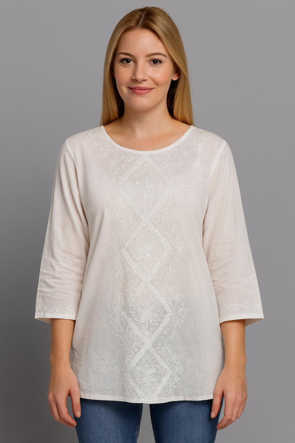 Blusa Blanca Bordada Manga 3/4