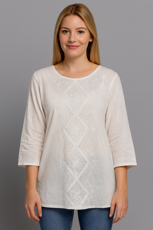 Blusa Blanca Bordada Manga 3/4