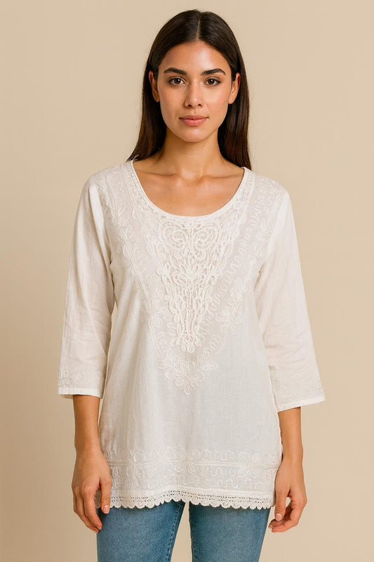 Blusa Elegante Bordada Blanca Manga 3/4
