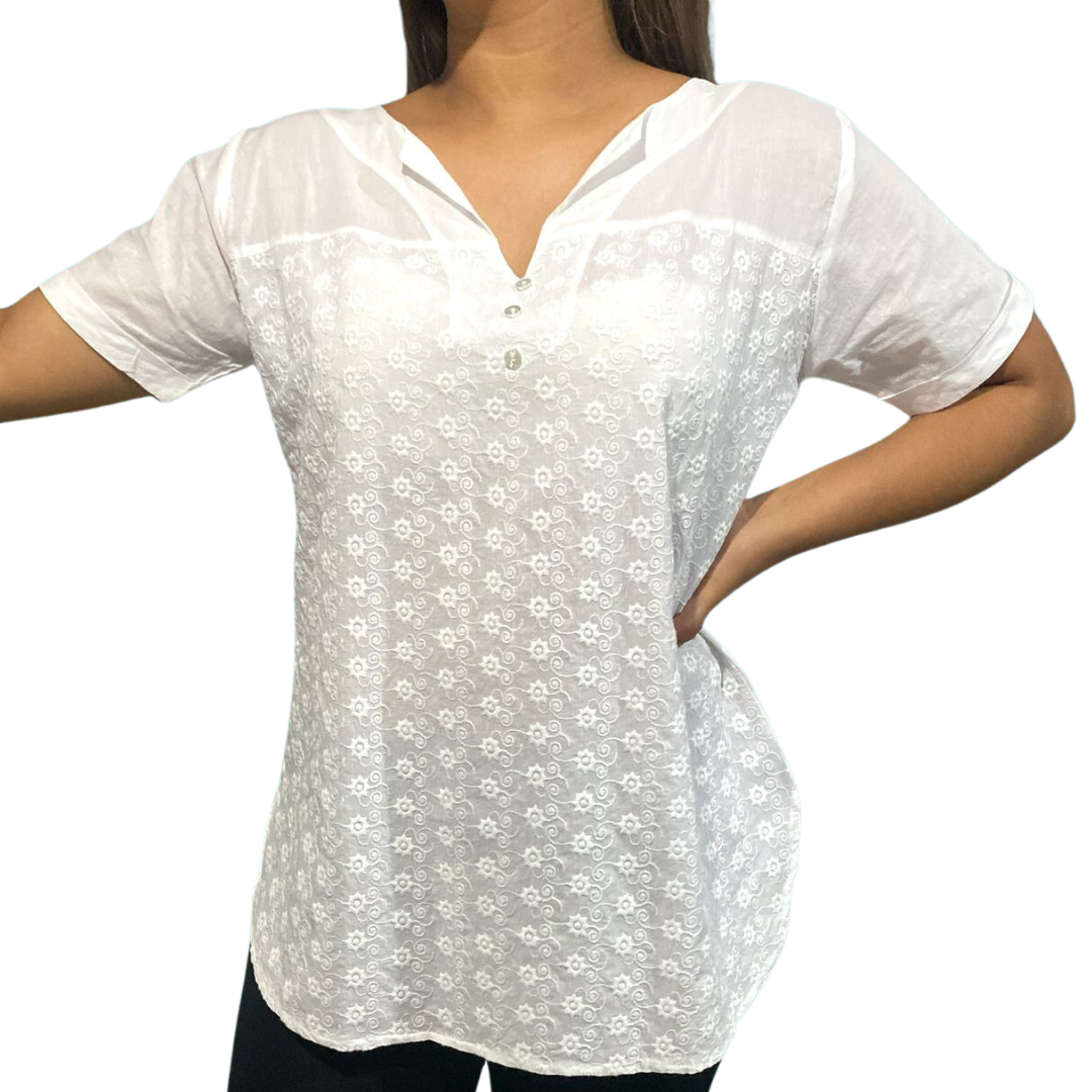 Blusa Blanca Unicolor de Dama Mangas Cortas CT301