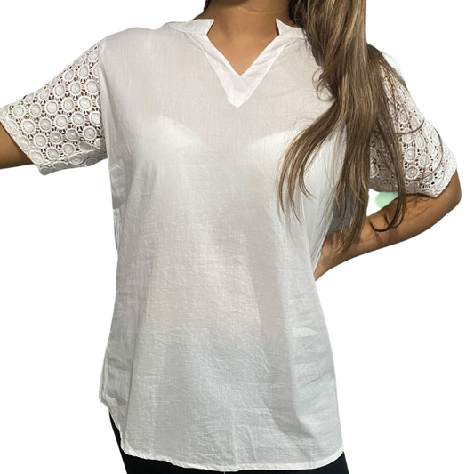 Blusa Blanca Unicolor de Dama Mangas Cortas CT302