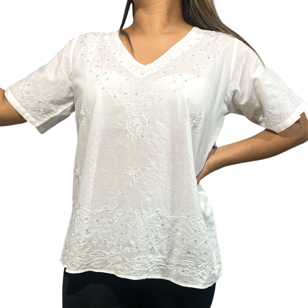 Blusa Blanca Unicolor de Dama Mangas Cortas. CT312