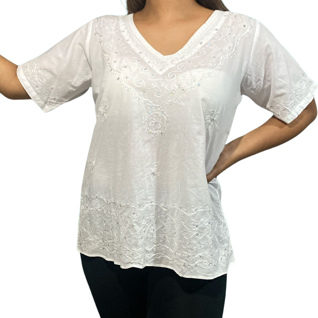 Blusa Blanca Unicolor de Dama Mangas Cortas. CT312