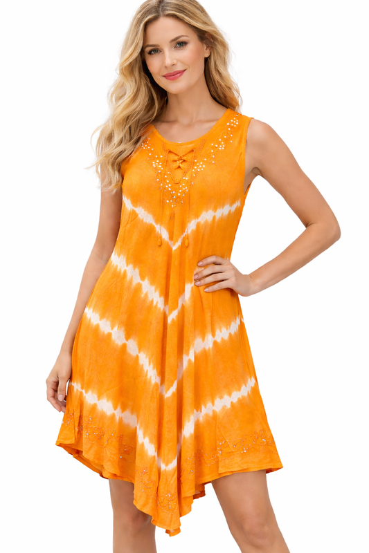 Embroidered Orange Printed Dress | One Size