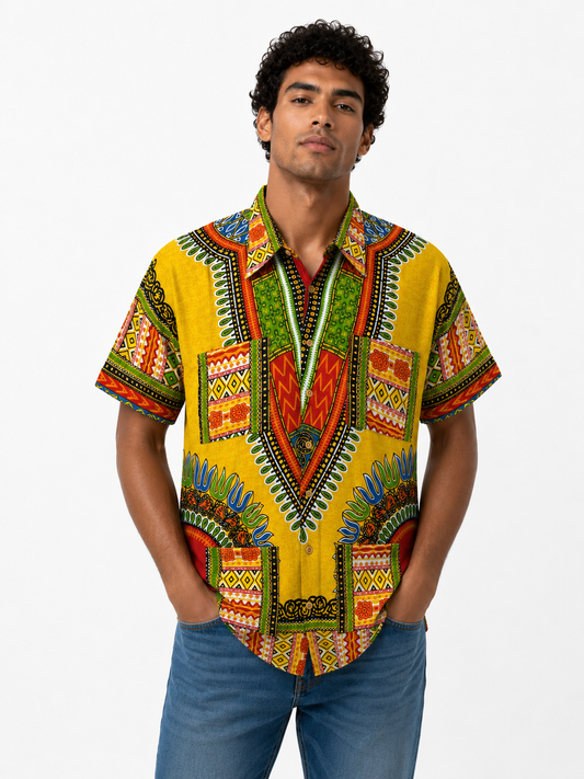 Camisa de Hombre de Botones Estampado Afrocaribeño Amarillo